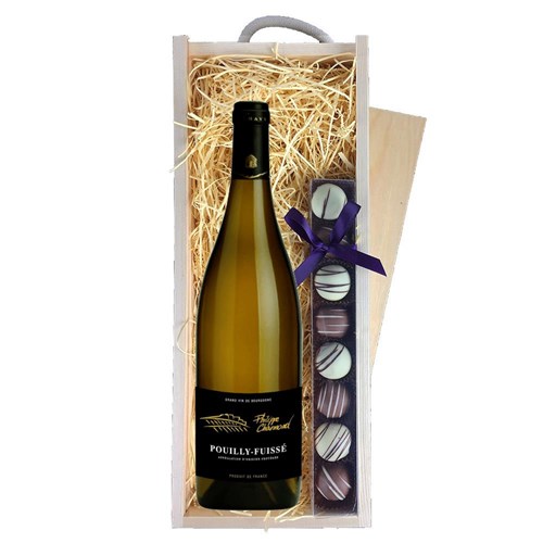 Domaine P Charmond Pouilly-Fuisse 75cl White Wine & Heart Truffles, Wooden Box